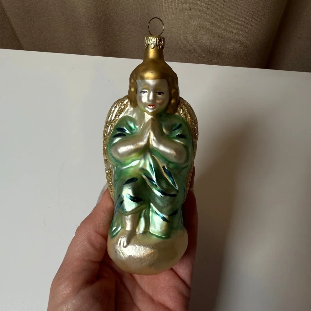 Praying Angel Glass Christmas Ornament Gold Green‎ Glitter Wings Vintage Style